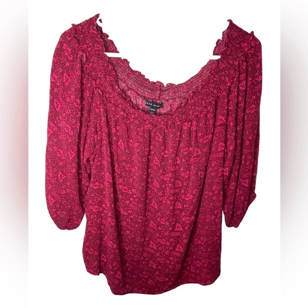 Lane Bryant Tunic Top Womens Size 18/20 Red Floral Peasant Pullover Long Sleeve